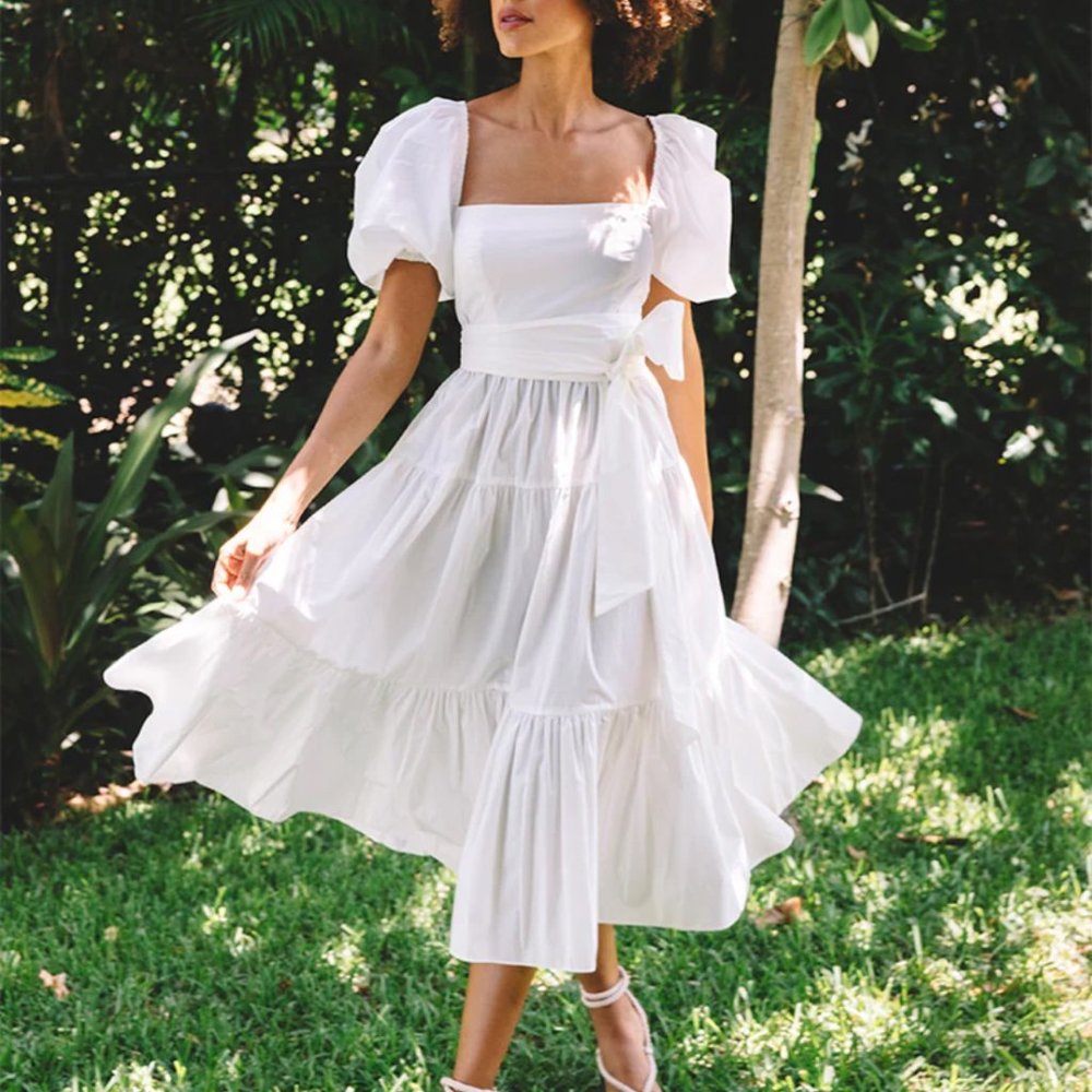NEW Cara Cara Sydney Midi Cotton Dress - White Puff Sleeve Wedding Event - Picture 2 of 14